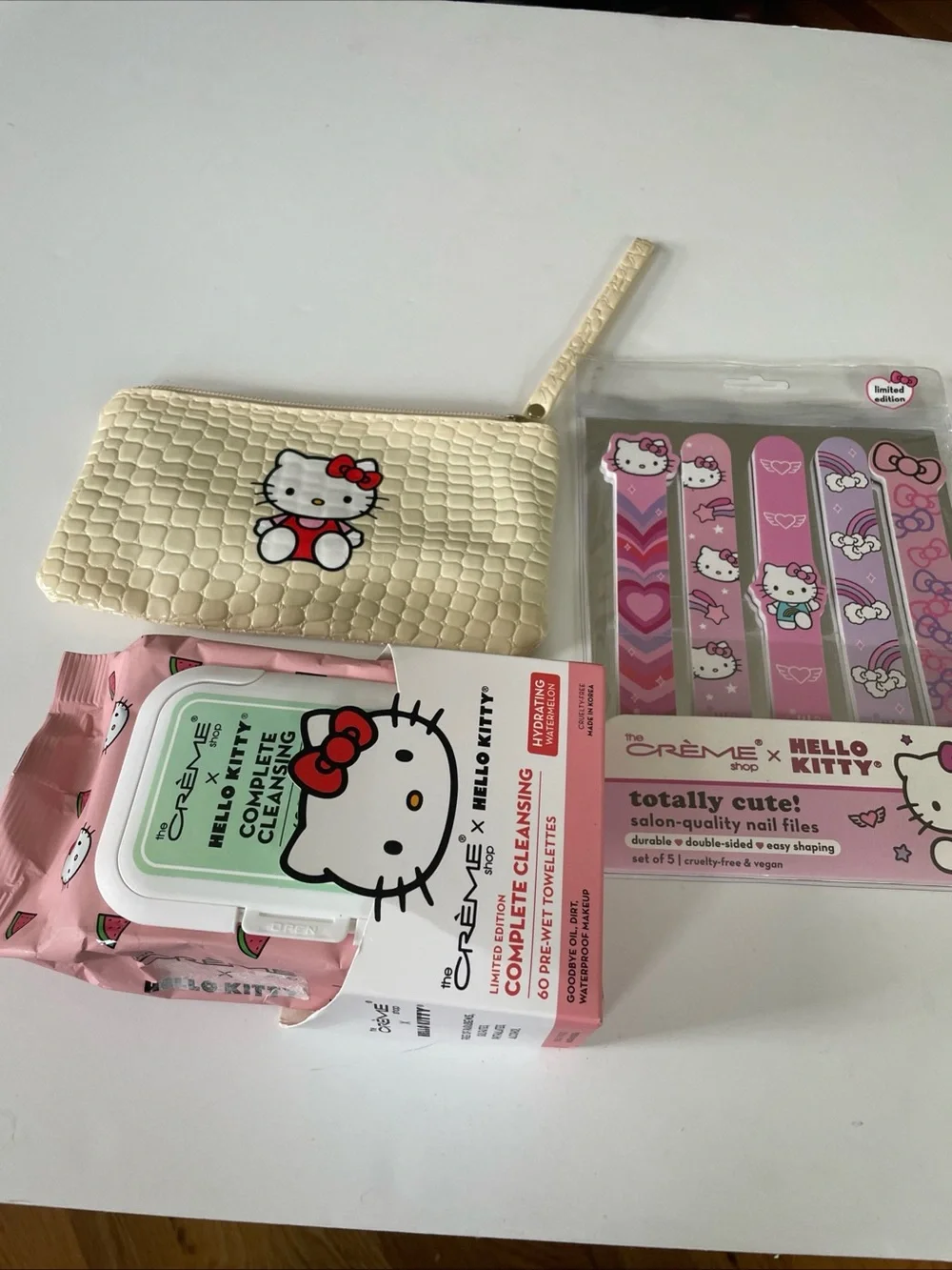 Hello Kitty Cream Cosmetic Pouch with Pink Nail Files & Cleansing Wipes Set